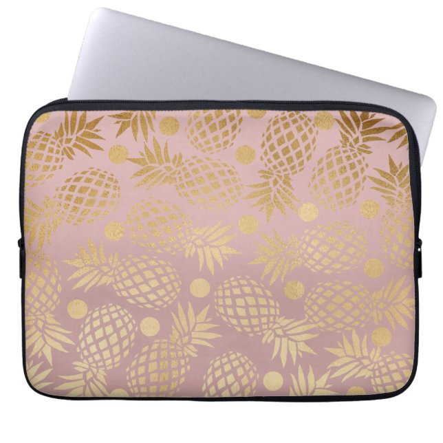 elegant faux gouden anananassepatroon polka-stippe laptop sleeve (Voorkant)