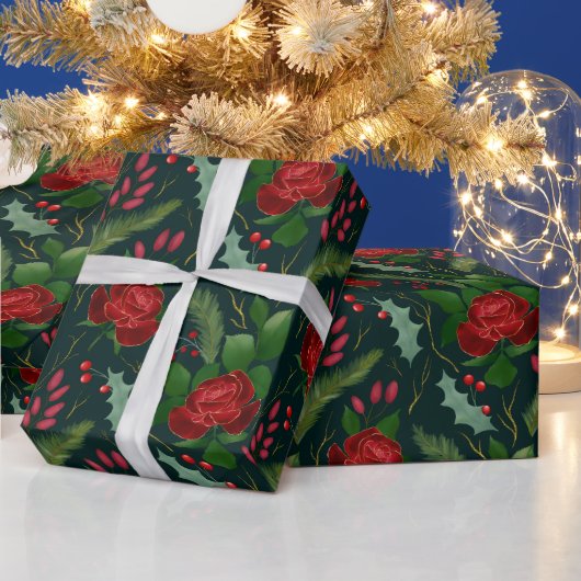 Elegant faux gouden waterverf rozen pijnboombessen cadeaupapier (Feestdagen)