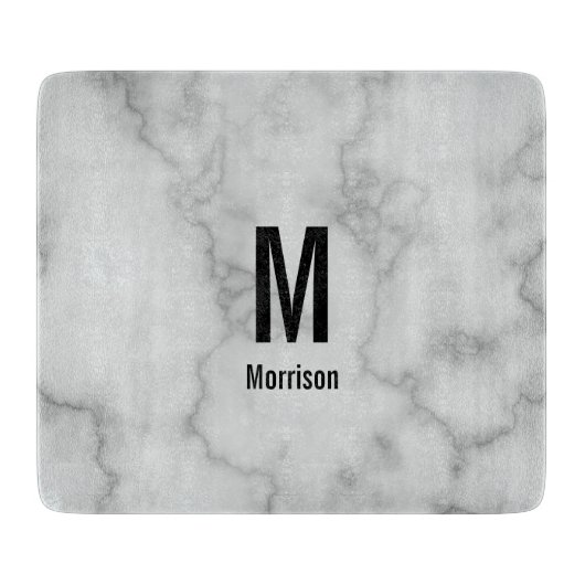 Elegant Faux Gray Marble met naam en monogram Snijplank (Voorkant)