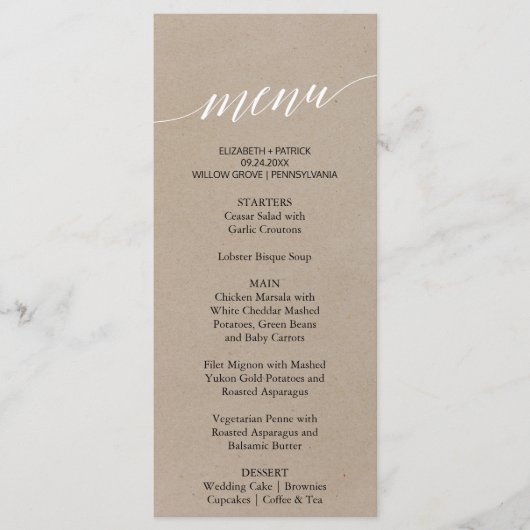 Elegant Faux Kraft Calligraphy Dinner Menu Kaart (Voorkant)