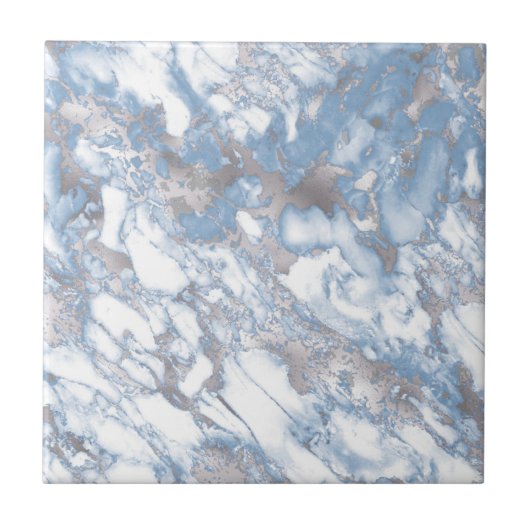 Elegant Faux Marble White Dusty Blue Silver Tegeltje (Voorkant)