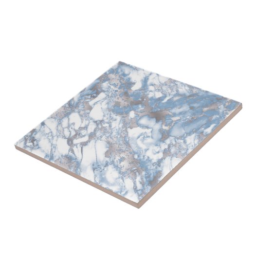 Elegant Faux Marble White Dusty Blue Silver Tegeltje (Zijkant)