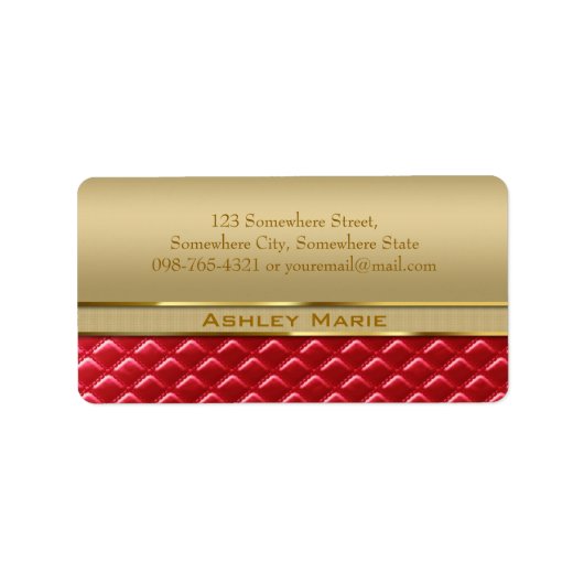 Elegant Faux Metallic Goud Gewatteerd Rood Leer Etiket (Voorkant)