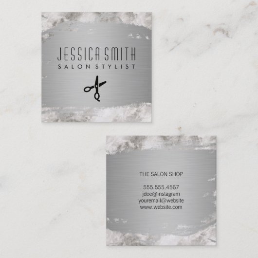 Elegant Faux Metallic Silver Brushed Marble Vierkante Visitekaartje (Voorkant / Achterkant)