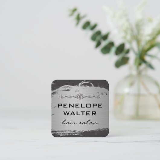 Elegant Faux Metallic Silver en Pattern Vierkante Visitekaartje (Staand voorkant)