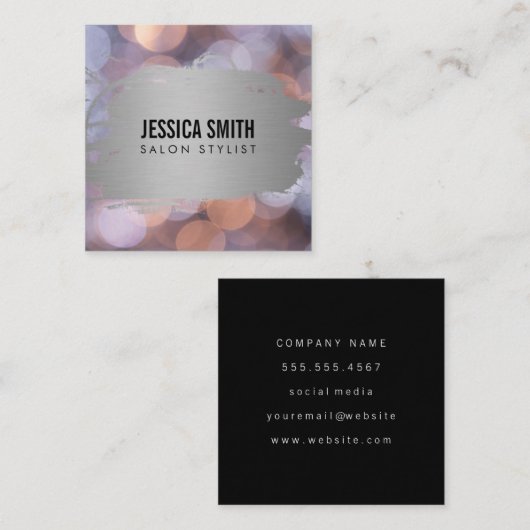 Elegant Faux Metallic Zilver Geborsteld | Bokeh Vierkante Visitekaartje (Voorkant / Achterkant)