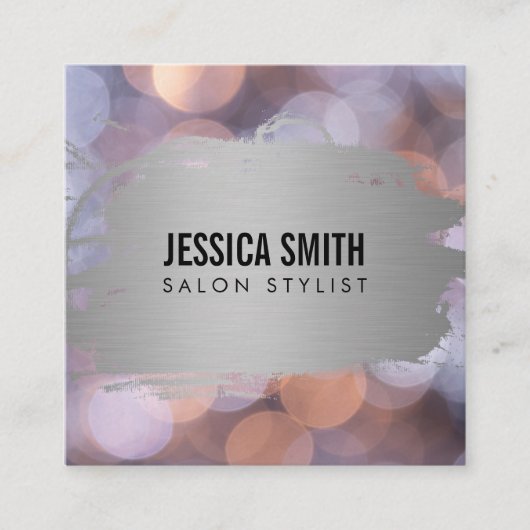 Elegant Faux Metallic Zilver Geborsteld | Bokeh Vierkante Visitekaartje (Voorkant)