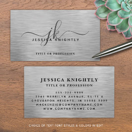 Elegant Faux Metallic Zilver Script Monogram Visitekaartje