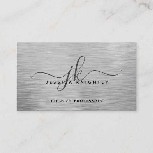 Elegant Faux Metallic Zilver Script Monogram Visitekaartje (Voorkant)