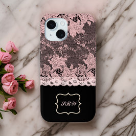 Elegant Faux Pink Lace en Black iPhone 15 Case