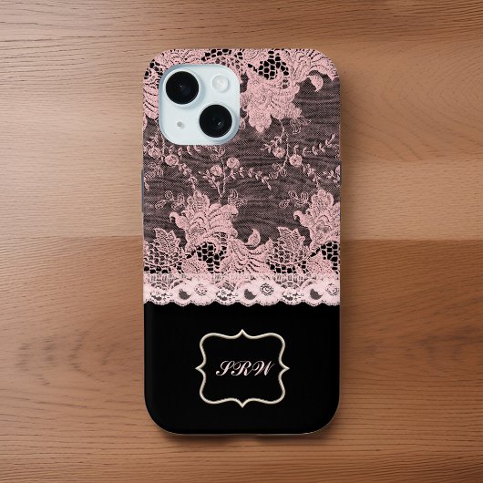 Elegant Faux Pink Lace en Black Case-Mate iPhone Case