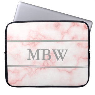 Elegant Faux Pink Marble Gray Monogram Laptop Sleeve