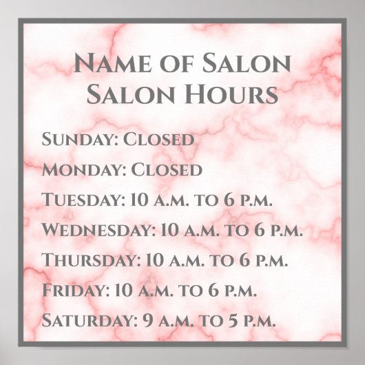 Elegant Faux Pink Marble Salon Hours Poster (Voorkant)