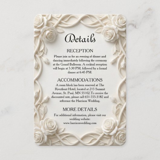 Elegant Faux Plaster Floral Relief Formal Wedding Informatiekaartje (Voorkant)