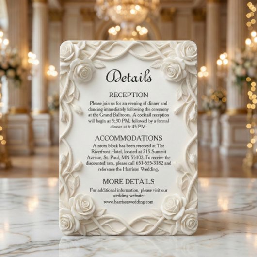 Elegant Faux Plaster Floral Relief Formal Wedding Informatiekaartje