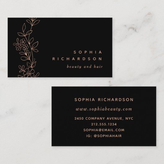Elegant Faux Roos Gold Botanical op zwart Visitekaartje (Voorkant / Achterkant)
