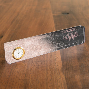 Elegant faux roos gold confetti black marble afbee naambordje