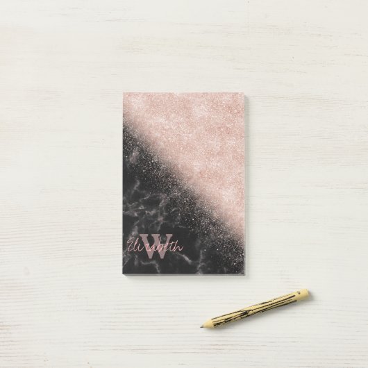 Elegant faux roos gold confetti black marble afbee post-it® notes (Op bureau)