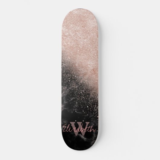 Elegant faux roos gold confetti black marble afbee skateboard (Voorkant)