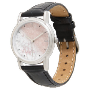 Elegant faux roos gold confetti white marble afbee horloge