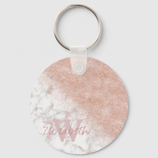 Elegant faux roos gold confetti white marble afbee sleutelhanger (Voorkant)