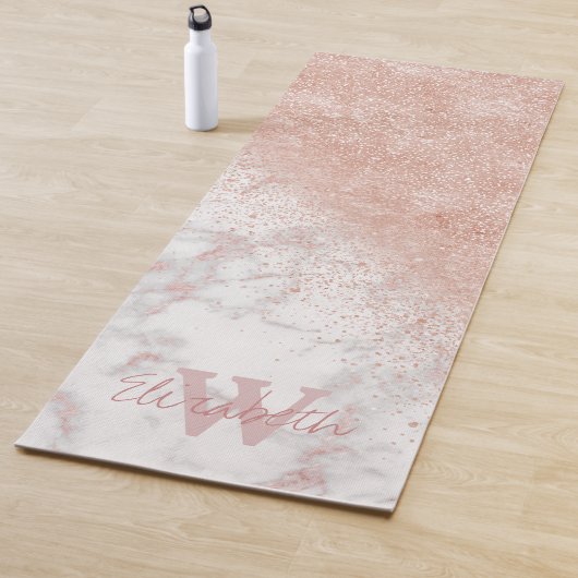 Elegant faux roos gold confetti white marble afbee yogamat (In situ)
