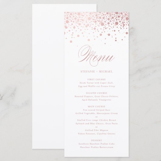 Elegant Faux Roos Gold Foil Confetti Wedding Menu (Voorkant / Achterkant)