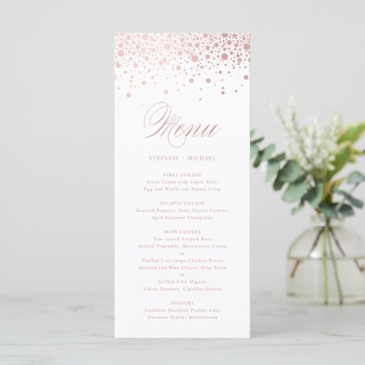 Elegant Faux Roos Gold Foil Confetti Wedding Menu (Staand voorkant)