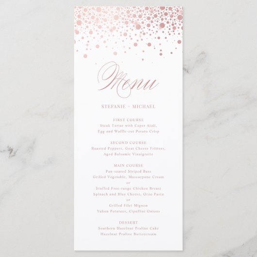 Elegant Faux Roos Gold Foil Confetti Wedding Menu (Voorkant)