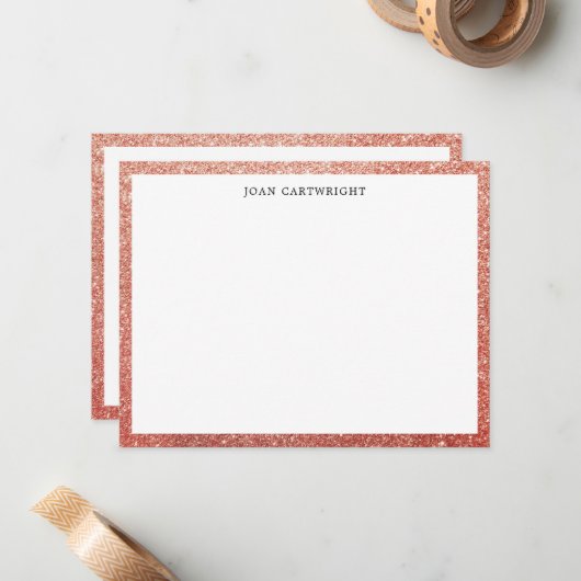 Elegant Faux Roos Gold Glitter Border Naam toevoeg Notitiekaartje (Voorkant / Achterkant in situ)