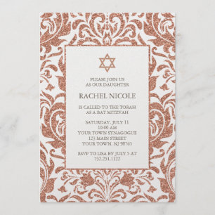 Elegant Faux Roos Gold Glitter Damask Bat Mitzvah Kaart