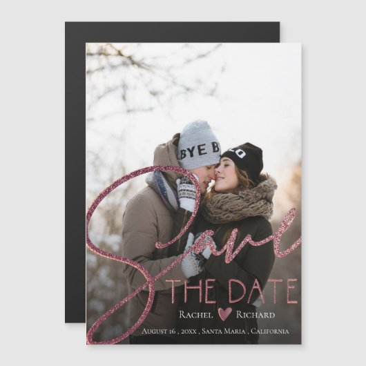 Elegant Faux Roos Gold Wedding Photo Save the Date Magnetische Uitnodiging (Voorkant / Achterkant)