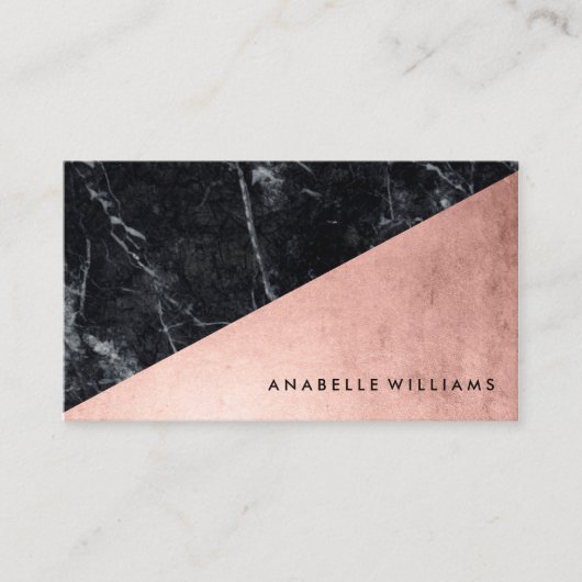 Elegant Faux Roos Goud en Zwart Marmer Visitekaartje (Voorkant)