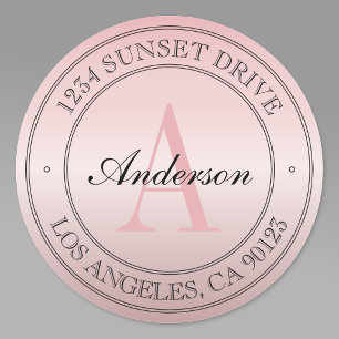 Elegant Faux Roos Goud Ombre Roze Monogram Adres Ronde Sticker