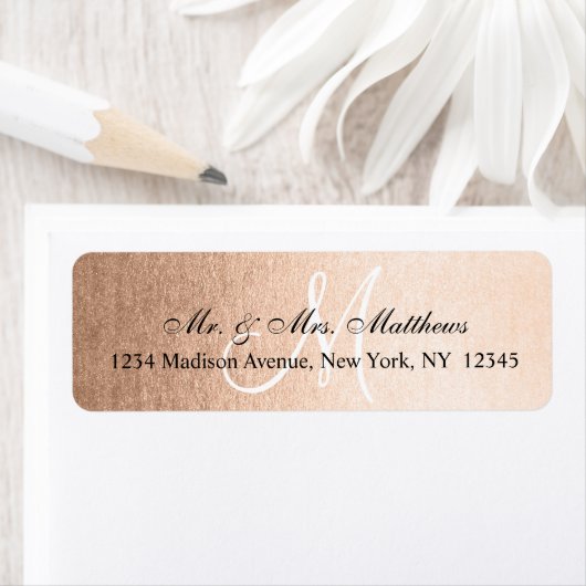 Elegant Faux Roos Goud Zwart Monogram Bruiloft Etiket (Insitu)