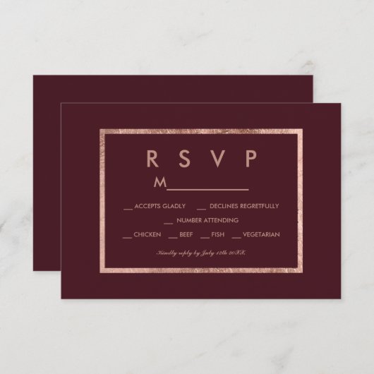 Elegant faux roos gouden lijst marsala RSVP (Voorkant / Achterkant)