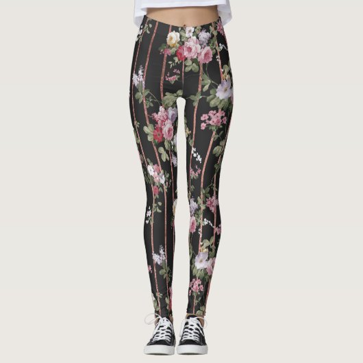 Elegant faux roos gouden strepen roze  rozen leggings (Voorkant)