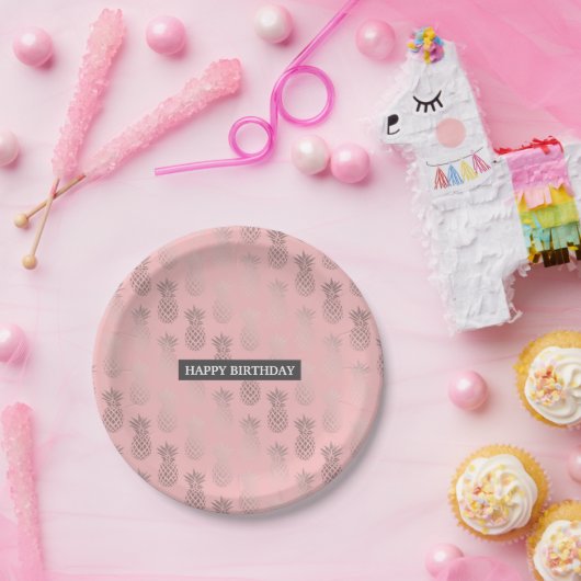 Elegant faux roos goudroze anananaspatroon papieren bordje (Feest)