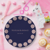 Elegant Faux Roos & Navy Ornamental Bloemen Bruilo Papieren Bordje (Feest)