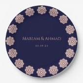 Elegant Faux Roos & Navy Ornamental Bloemen Bruilo Papieren Bordje (Voorkant)