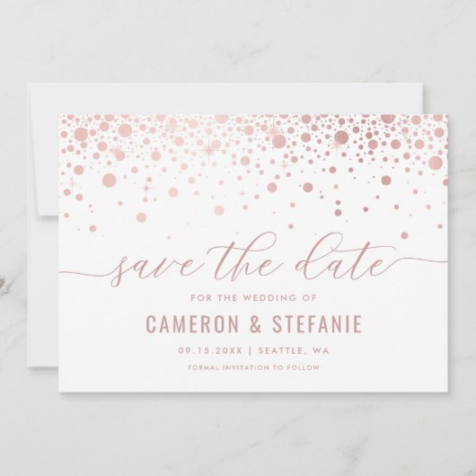 Elegant Faux roze Folie Confetti Modern White Save The Date (Voorkant)