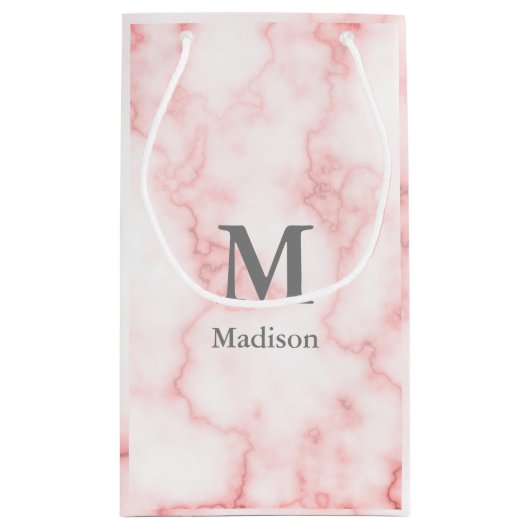 Elegant Faux Roze Marble Gray Name en Monogram Klein Cadeauzakje (Achterkant)