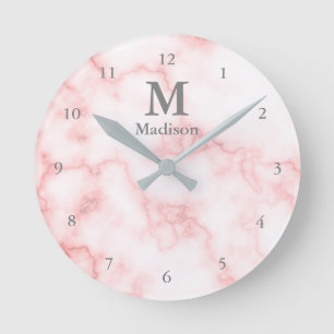 Elegant Faux Roze Marble Gray Name & Monogram Ronde Klok