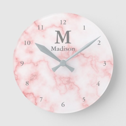 Elegant Faux Roze Marble Gray Name & Monogram Ronde Klok (Voorkant)