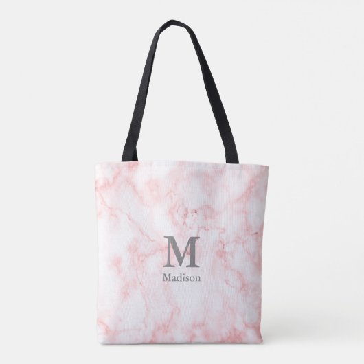 Elegant Faux Roze Marmer Grijs Initialen Monogram Tote Bag (Achterkant)