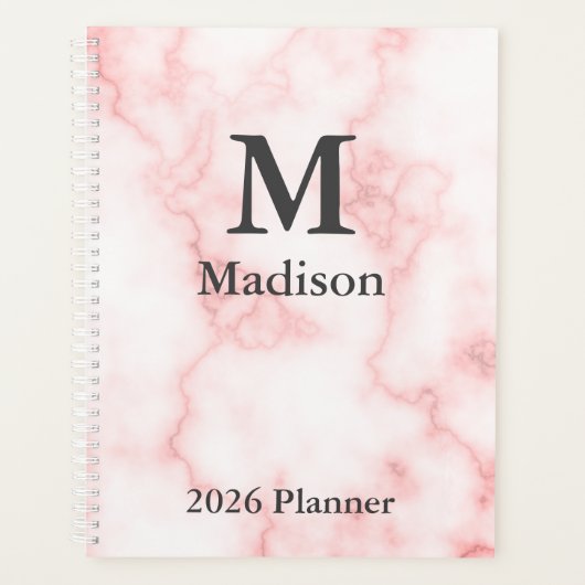 Elegant Faux Roze Marmer Grijs Monogram Naam 2026 Planner (Voorkant)