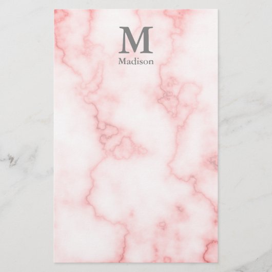 Elegant Faux roze marmer met naam en monogram Briefpapier (Voorkant)