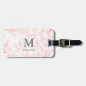Elegant Faux Roze Marmer Name en Monogram Bagagelabel (Voorkant horizontaal)