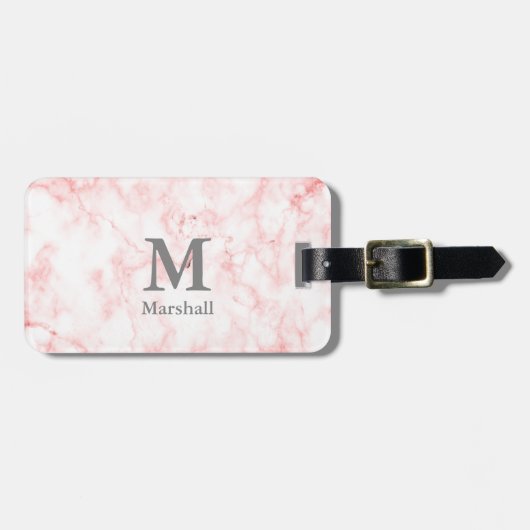 Elegant Faux Roze Marmer Name en Monogram Bagagelabel (Voorkant horizontaal)