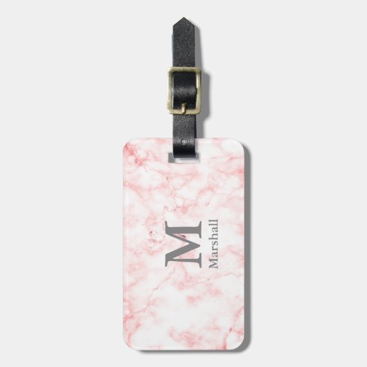 Elegant Faux Roze Marmer Name en Monogram Bagagelabel (Voorkant verticaal)
